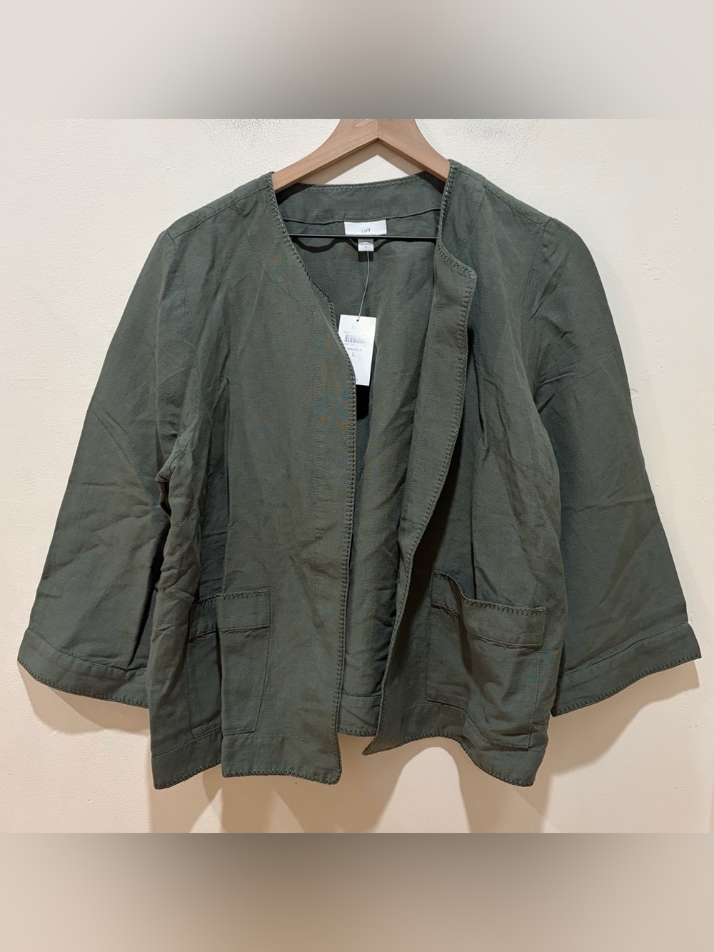 NWT J. Jill Whipstitched Open Front Linen Jacket - Green - Women’s Size Large